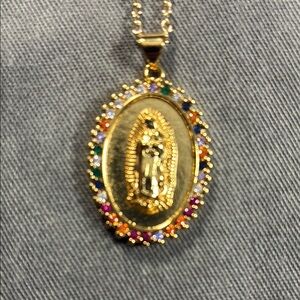Gold Religious Pendant Necklace with Ornate Border
